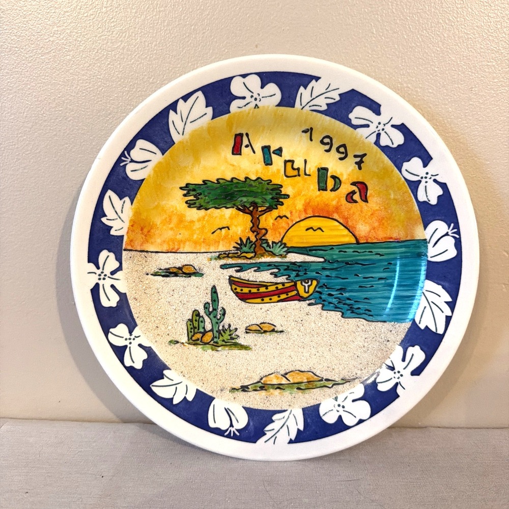 Vintage 1997 Aruba Souvenir 9" Plate with Sand Painting Scenic Beach Boat Design